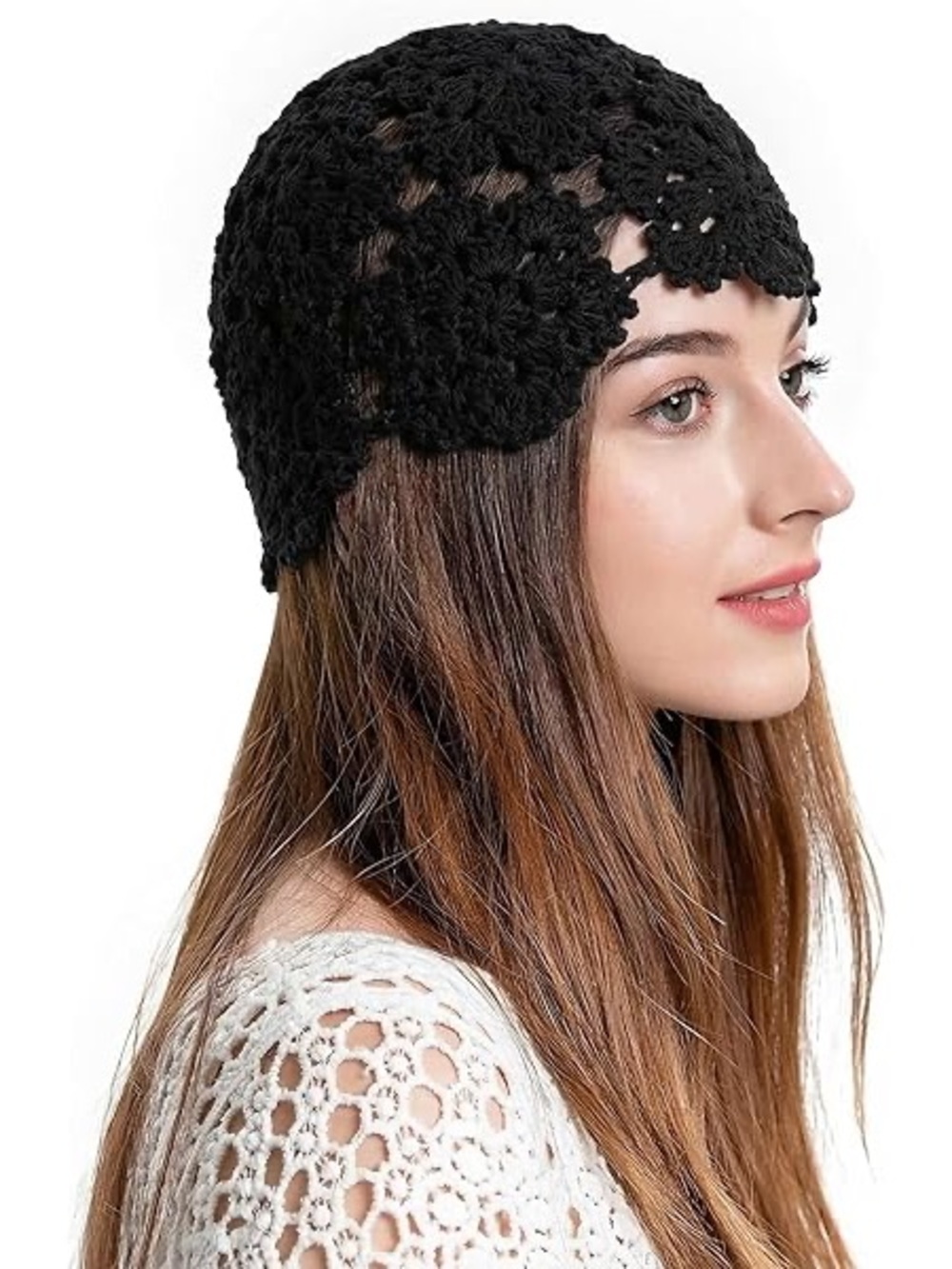 Zara Black Crochet Floral Beanie Hat summer beach